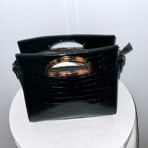 Crocodile Print Cut-out Handle Medium Satchel Black( New)